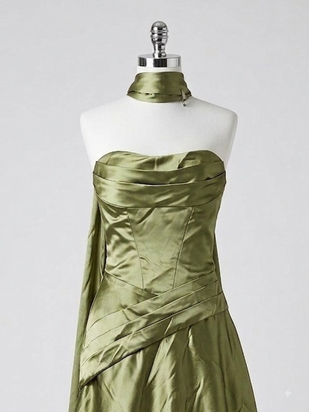 Olive Green Strapless Satin Evening Dress with Neck Sash